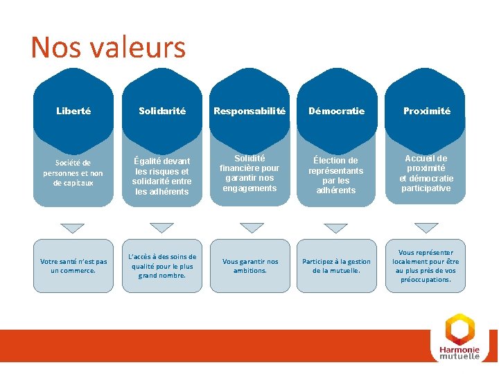 Nos valeurs Liberté Solidarité Responsabilité Démocratie Proximité Société de personnes et non de capitaux Nos valeurs Liberté Solidarité Responsabilité Démocratie Proximité Société de personnes et non de capitaux