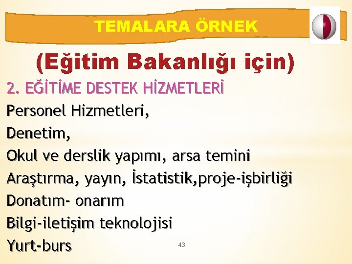 TEMALARA ÖRNEK (Eğitim Bakanlığı için) 2. EĞİTİME DESTEK HİZMETLERİ Personel Hizmetleri, Denetim, Okul ve