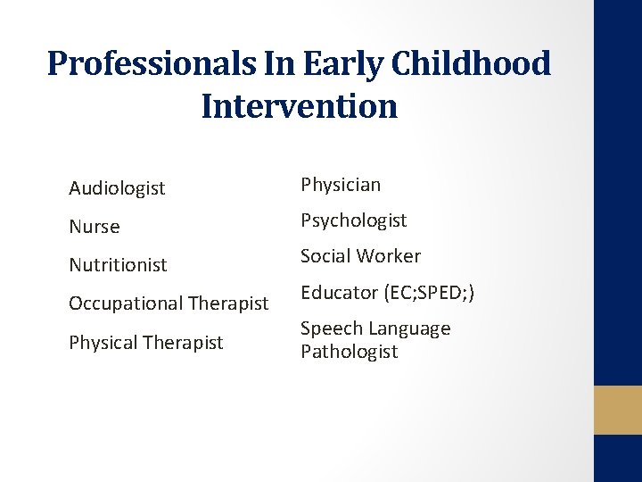 Professionals In Early Childhood Intervention Audiologist Physician Nurse Psychologist Nutritionist Social Worker Occupational Therapist