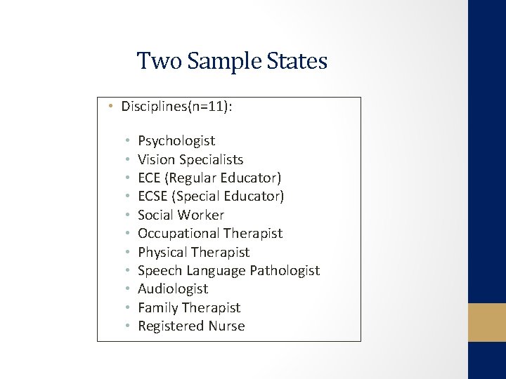 Two Sample States • Disciplines(n=11): • • • Psychologist Vision Specialists ECE (Regular Educator)