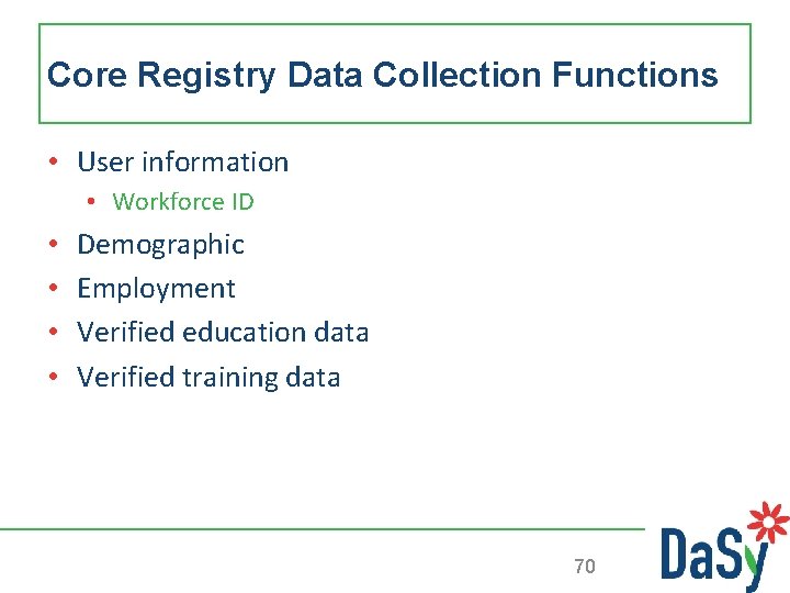 Core Registry Data Collection Functions • User information • Workforce ID • • Demographic