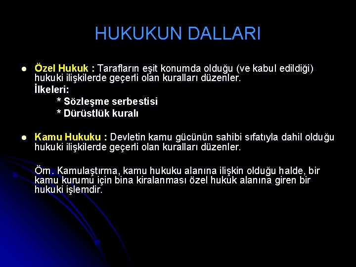 HUKUKUN DALLARI l Özel Hukuk : Tarafların eşit konumda olduğu (ve kabul edildiği) hukuki HUKUKUN DALLARI l Özel Hukuk : Tarafların eşit konumda olduğu (ve kabul edildiği) hukuki