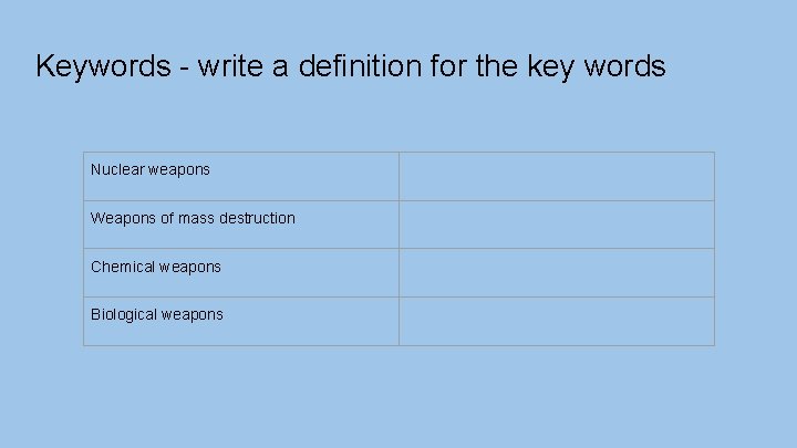 Keywords - write a definition for the key words Nuclear weapons Weapons of mass