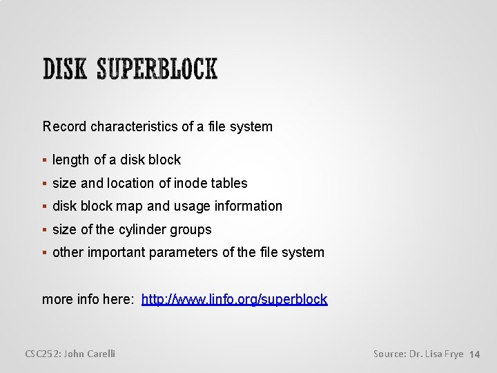 Record characteristics of a file system length of a disk block size and location