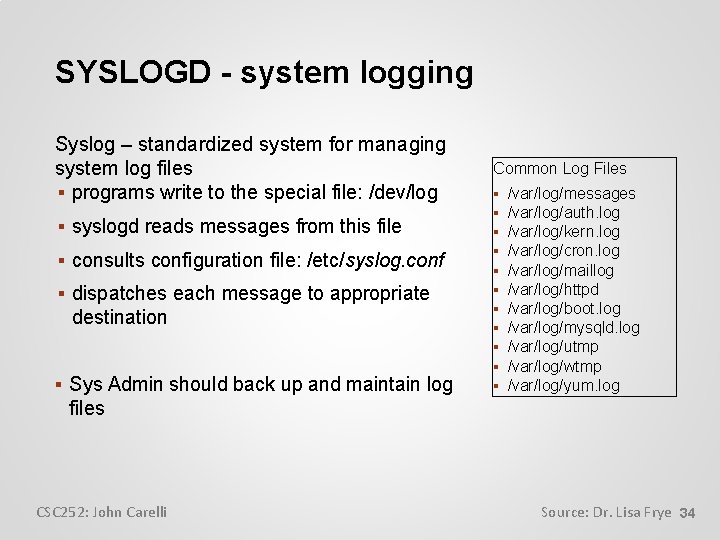 SYSLOGD - system logging Syslog – standardized system for managing system log files programs