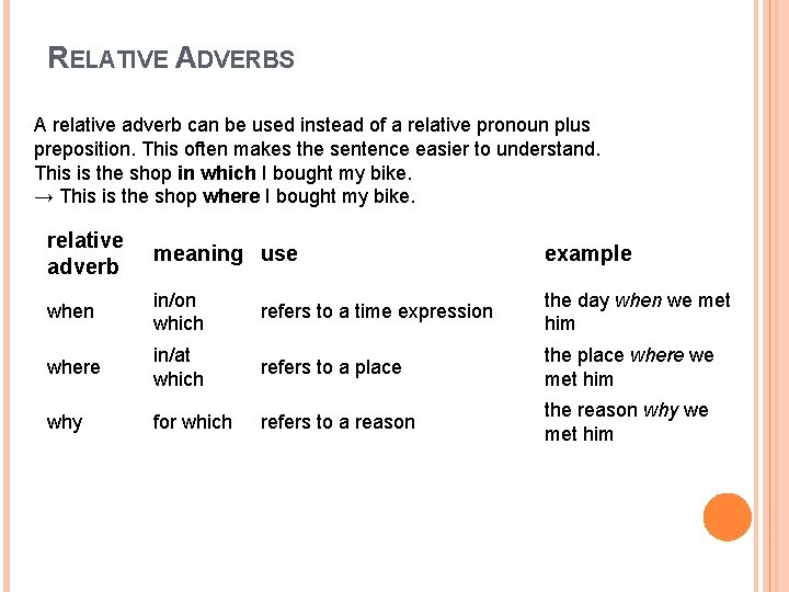RELATIVE ADVERBS A relative adverb can be used instead of a relative pronoun plus