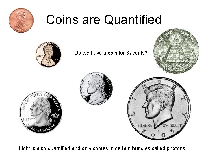 Coins are Quantified Do we have a coin for 37 cents? Light is also