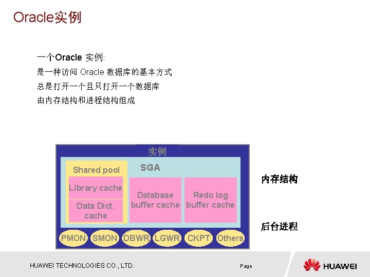 Oracle实例 一个Oracle 实例: 是一种访问 Oracle 数据库的基本方式 总是打开一个且只打开一个数据库 由内存结构和进程结构组成 实例 SGA Shared pool Library cache