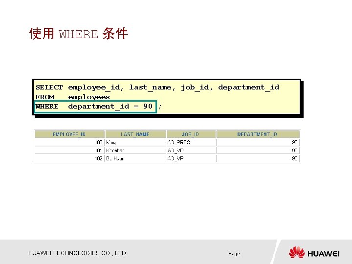 使用 WHERE 条件 SELECT employee_id, last_name, job_id, department_id FROM employees WHERE department_id = 90