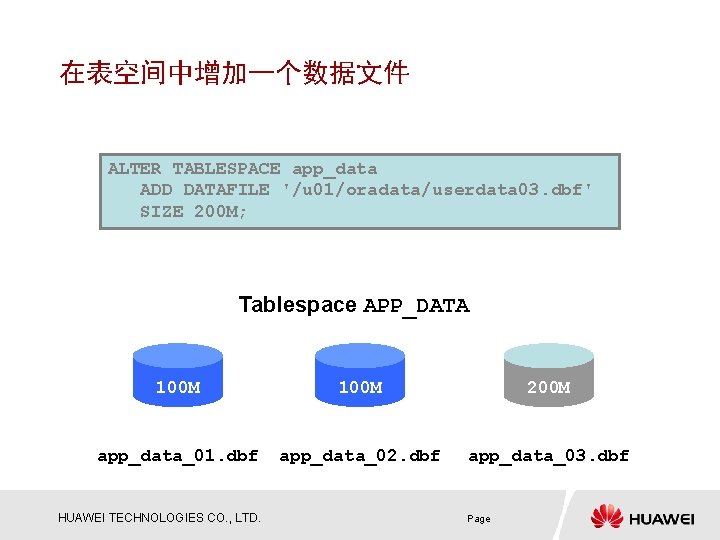 在表空间中增加一个数据文件 ALTER TABLESPACE app_data ADD DATAFILE '/u 01/oradata/userdata 03. dbf' SIZE 200 M; Tablespace