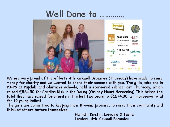 Well Done to …………. We are very proud of the efforts 4 th Kirkwall