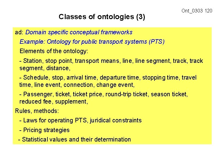 Classes of ontologies (3) Ont_0303 120 ad: Domain specific conceptual frameworks Example: Ontology for