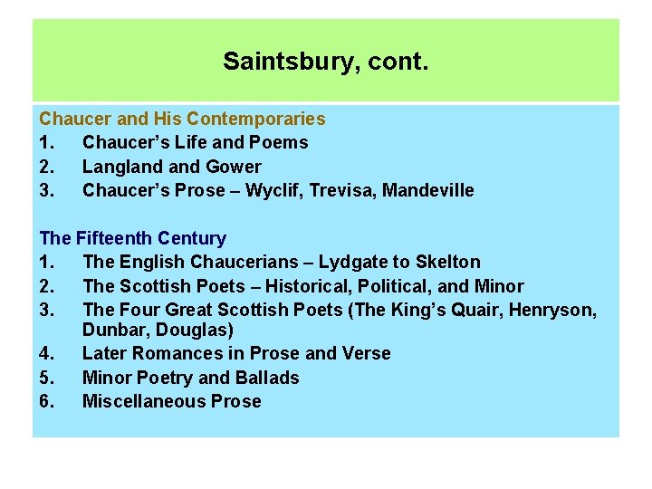 Saintsbury, cont. Chaucer and His Contemporaries 1. Chaucer’s Life and Poems 2. Langland Gower