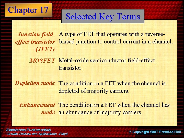 Chapter 17 Selected Key Terms Junction field- A type of FET that operates with