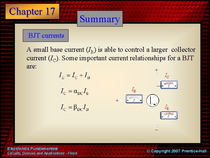 Chapter 17 Summary BJT currents A small base current (IB) is able to control