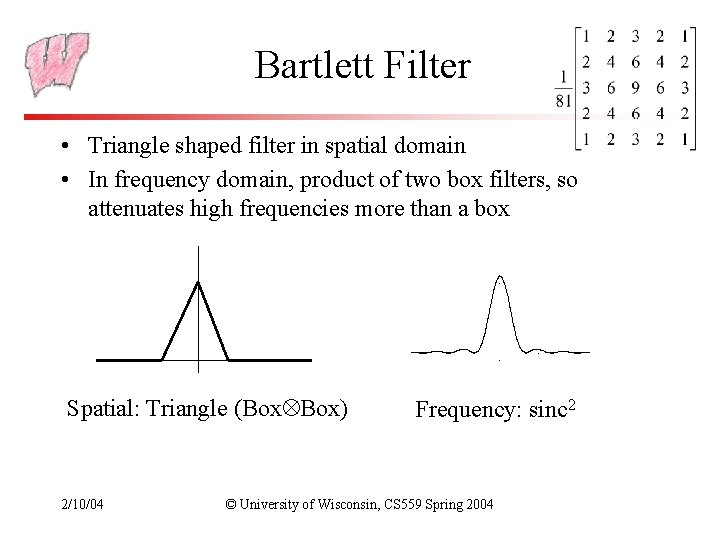 Bartlett Filter • Triangle shaped filter in spatial domain • In frequency domain, product