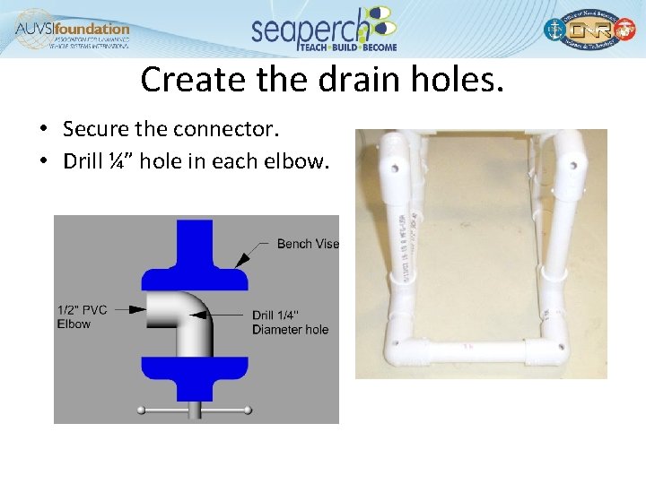 Create the drain holes. • Secure the connector. • Drill ¼” hole in each