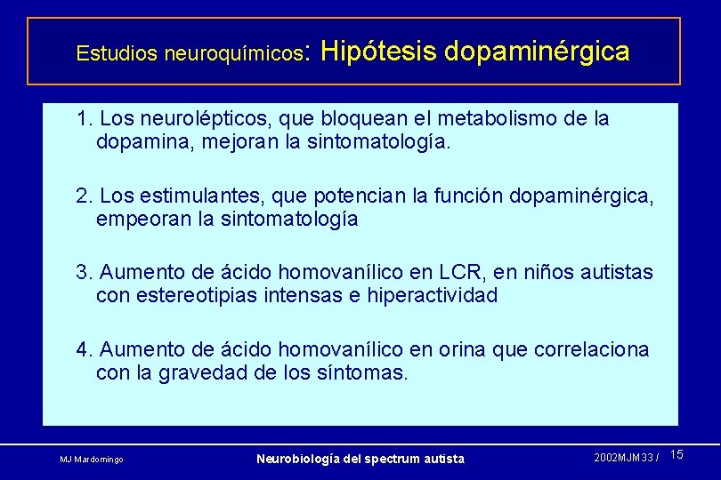 Estudios neuroquímicos: Hipótesis dopaminérgica 1. Los neurolépticos, que bloquean el metabolismo de la dopamina,