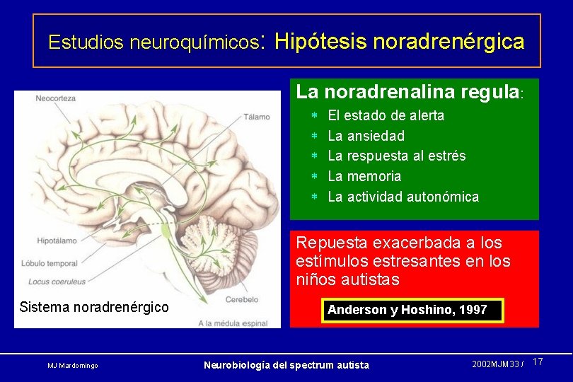 Estudios neuroquímicos: Hipótesis noradrenérgica La noradrenalina regula: * * * El estado de alerta