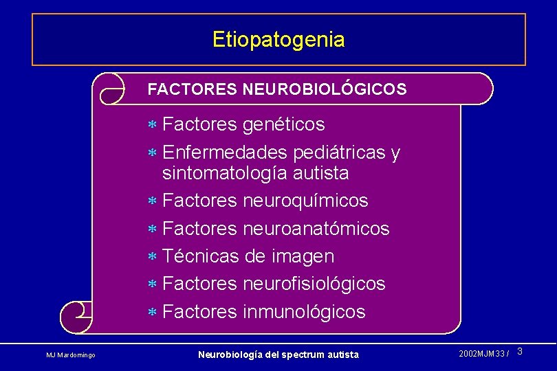 Etiopatogenia FACTORES NEUROBIOLÓGICOS * Factores genéticos * Enfermedades pediátricas y sintomatología autista * Factores