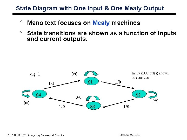 State Diagram with One Input & One Mealy Output ° Mano text focuses on State Diagram with One Input & One Mealy Output ° Mano text focuses on