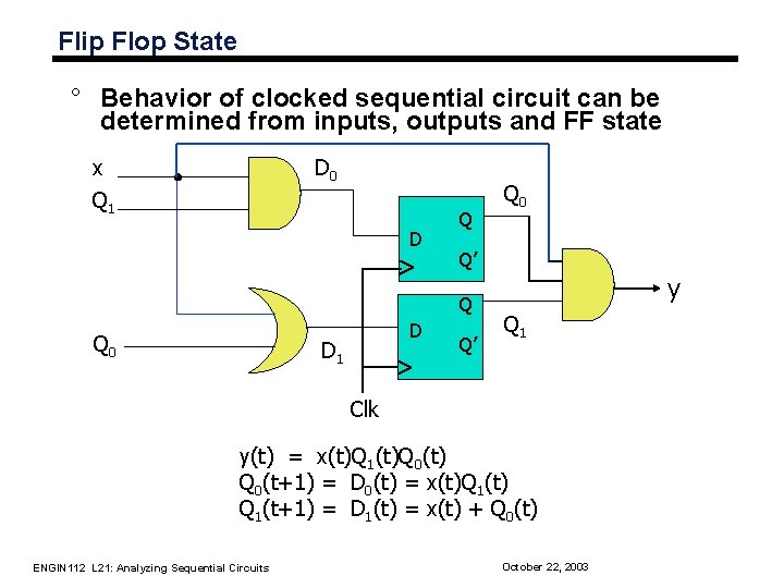 Flip Flop State ° Behavior of clocked sequential circuit can be determined from inputs, Flip Flop State ° Behavior of clocked sequential circuit can be determined from inputs,