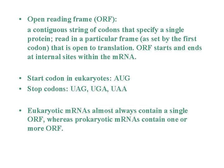  • Open reading frame (ORF): a contiguous string of codons that specify a
