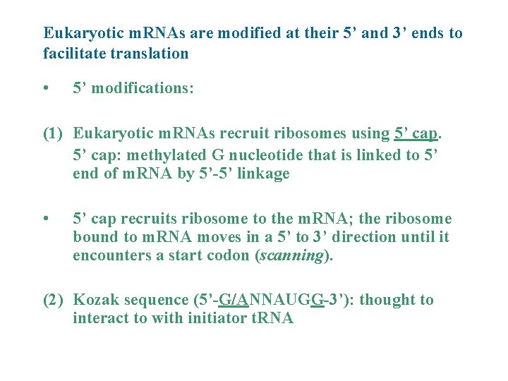 Eukaryotic m. RNAs are modified at their 5’ and 3’ ends to facilitate translation