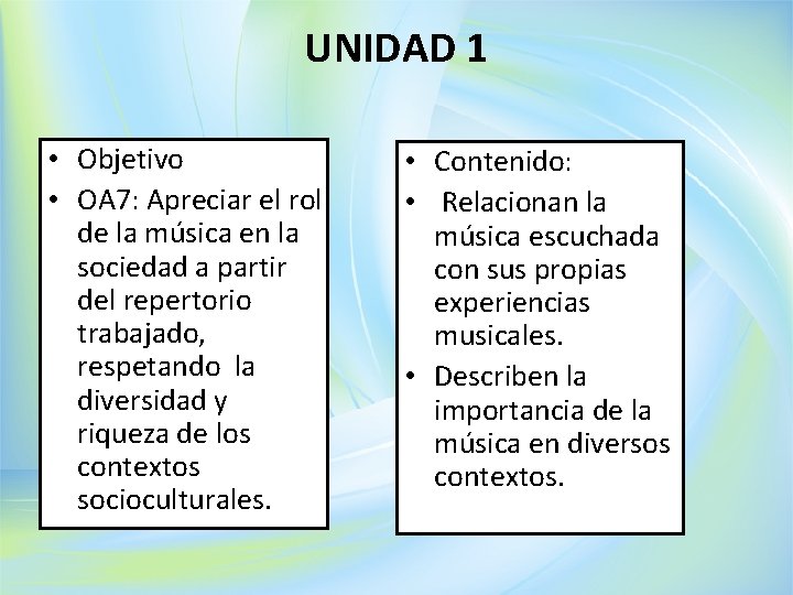 UNIDAD 1 • Objetivo • OA 7: Apreciar el rol de la música en
