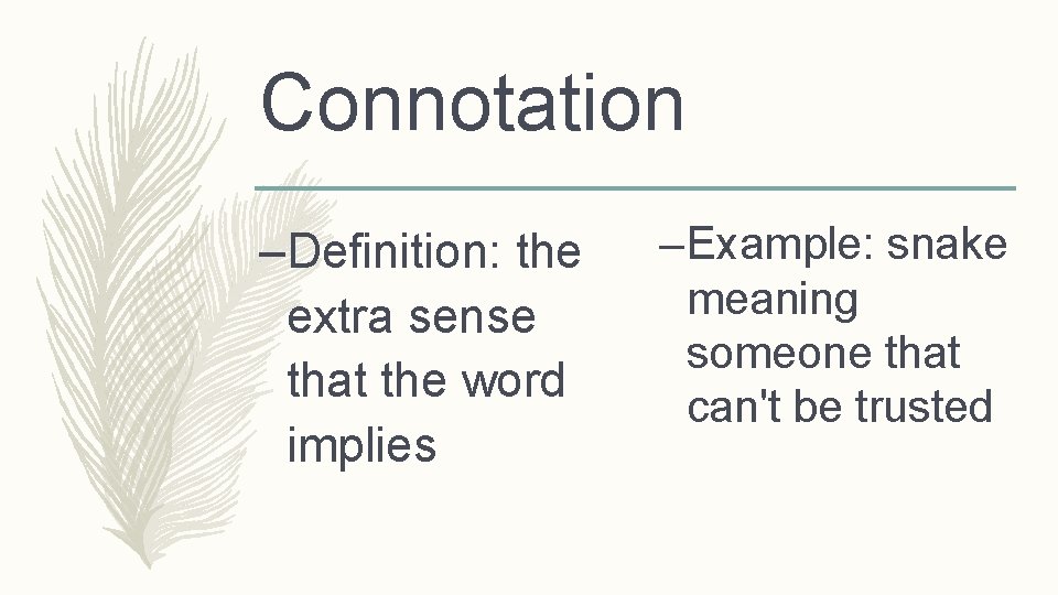 Connotation –Definition: the extra sense that the word implies – Example: snake meaning someone