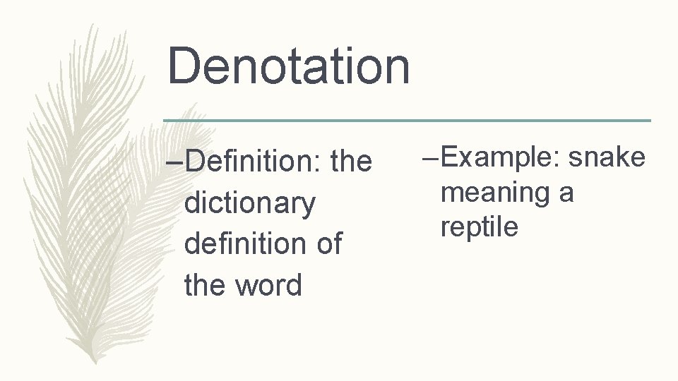 Denotation –Definition: the dictionary definition of the word – Example: snake meaning a reptile