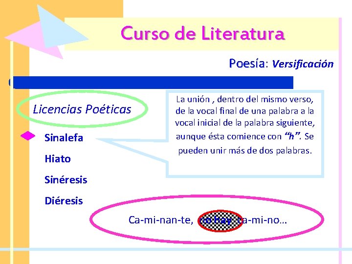 Curso de Literatura Poesía: Poesía Versificación Licencias Poéticas Sinalefa Hiato La unión , dentro