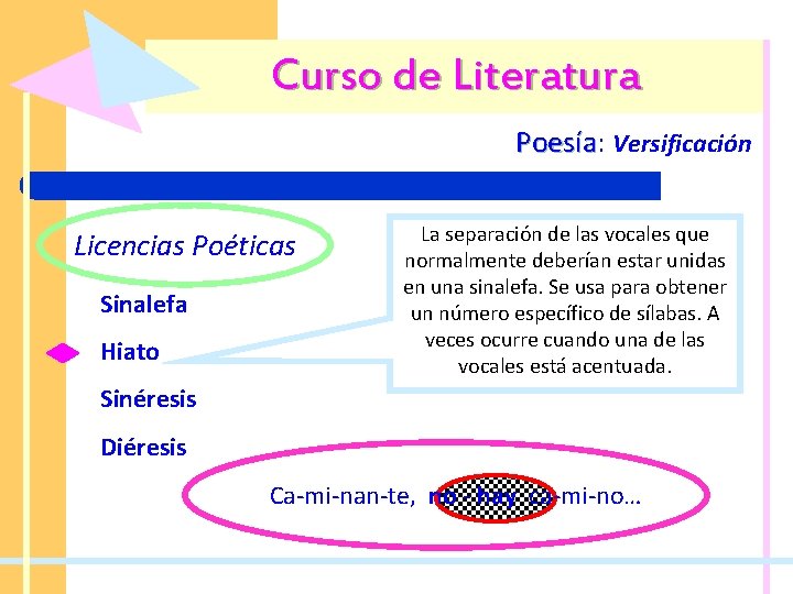 Curso de Literatura Poesía: Poesía Versificación Licencias Poéticas Sinalefa Hiato La separación de las