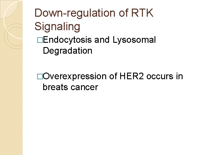 Down-regulation of RTK Signaling �Endocytosis and Lysosomal Degradation �Overexpression of HER 2 occurs in