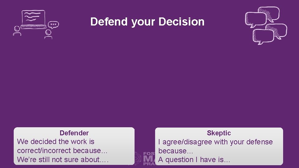 Defend your Decision Defender We decided the work is correct/incorrect because… We’re still not