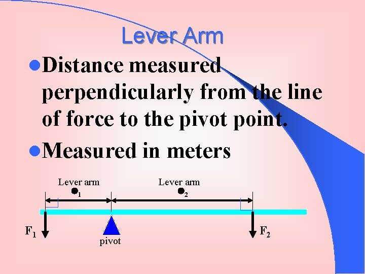 Lever Arm l. Distance measured perpendicularly from the line of force to the pivot