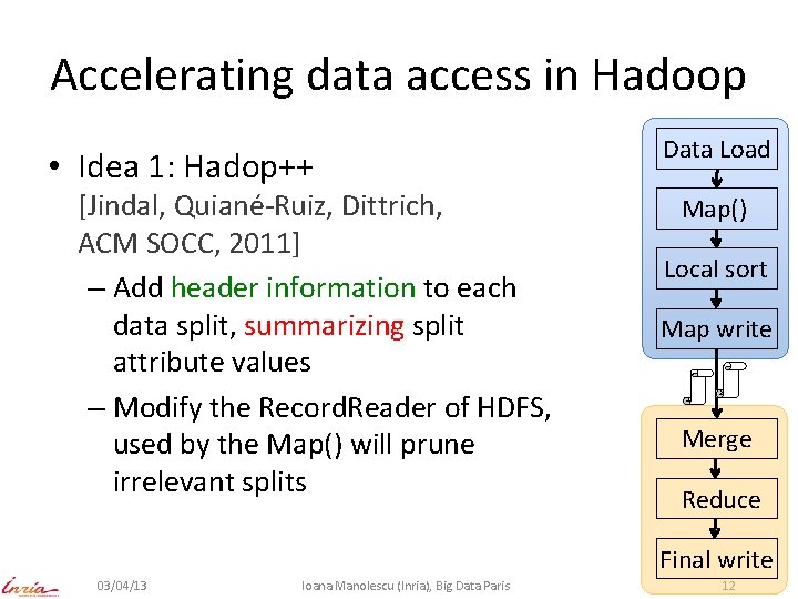 Accelerating data access in Hadoop • Idea 1: Hadop++ [Jindal, Quiané-Ruiz, Dittrich, ACM SOCC,