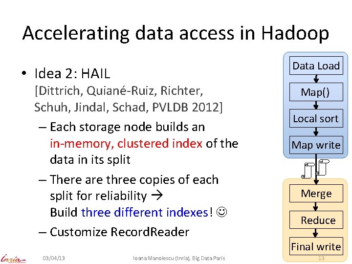 Accelerating data access in Hadoop Data Load • Idea 2: HAIL [Dittrich, Quiané-Ruiz, Richter,