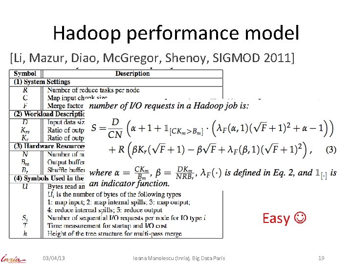 Hadoop performance model [Li, Mazur, Diao, Mc. Gregor, Shenoy, SIGMOD 2011] Easy 03/04/13 Ioana