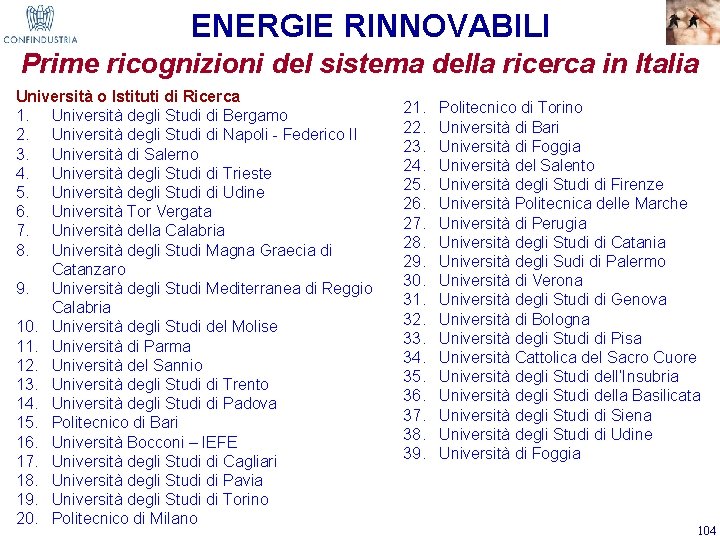 ENERGIE RINNOVABILI Prime ricognizioni del sistema della ricerca in Italia Università o Istituti di