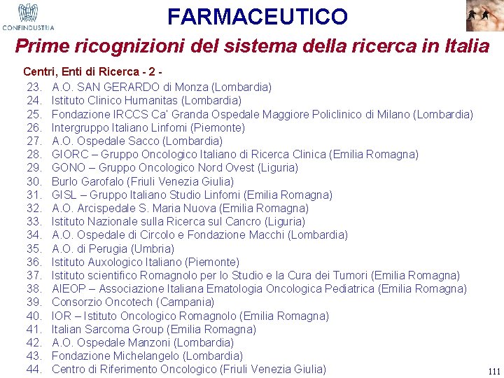 FARMACEUTICO Prime ricognizioni del sistema della ricerca in Italia Centri, Enti di Ricerca -