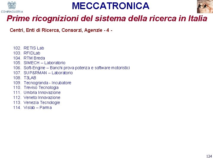 MECCATRONICA Prime ricognizioni del sistema della ricerca in Italia Centri, Enti di Ricerca, Consorzi,