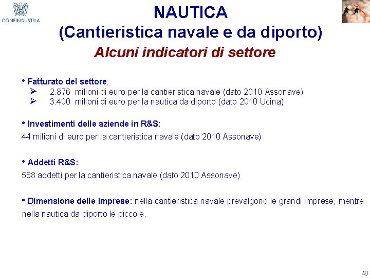 NAUTICA (Cantieristica navale e da diporto) Alcuni indicatori di settore • Fatturato del settore: