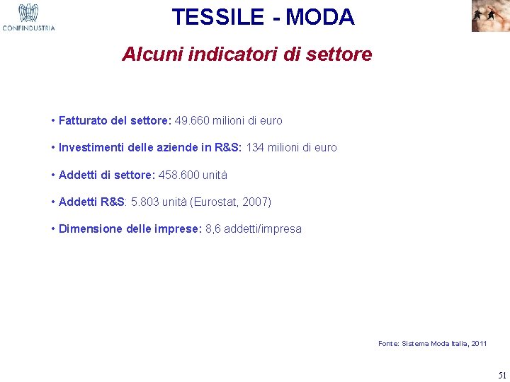 TESSILE - MODA Alcuni indicatori di settore • Fatturato del settore: 49. 660 milioni