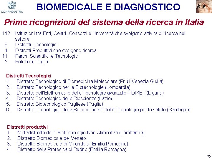 BIOMEDICALE E DIAGNOSTICO Prime ricognizioni del sistema della ricerca in Italia 112 Istituzioni tra