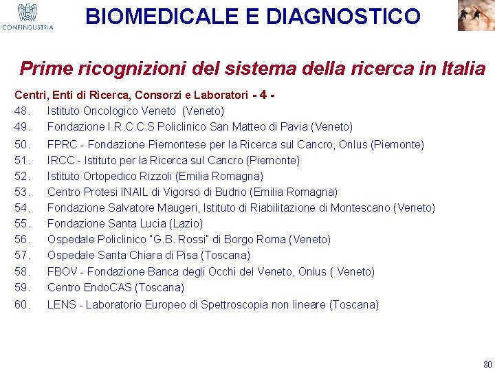 BIOMEDICALE E DIAGNOSTICO Prime ricognizioni del sistema della ricerca in Italia Centri, Enti di