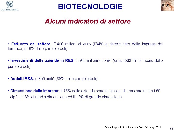 BIOTECNOLOGIE Alcuni indicatori di settore • Fatturato del settore: 7. 400 milioni di euro