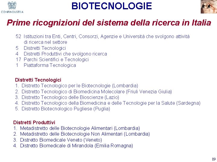 BIOTECNOLOGIE Prime ricognizioni del sistema della ricerca in Italia 52 Istituzioni tra Enti, Centri,