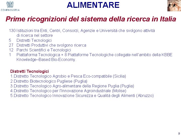 ALIMENTARE Prime ricognizioni del sistema della ricerca in Italia 130 Istituzioni tra Enti, Centri,