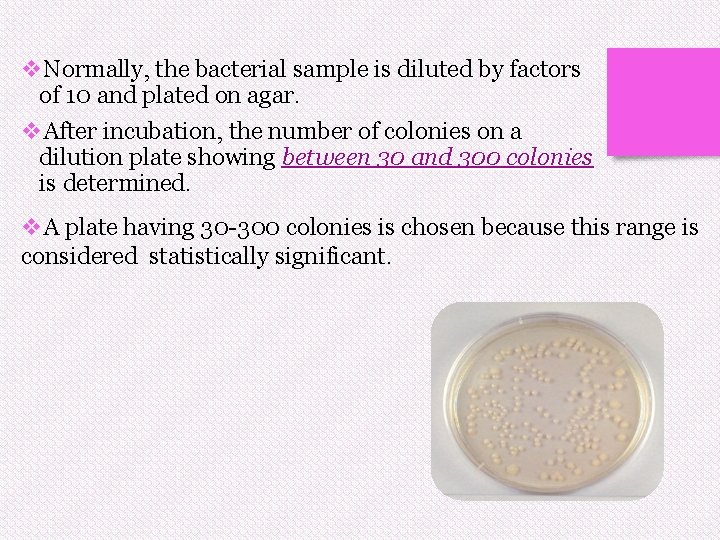 v. Normally, the bacterial sample is diluted by factors of 10 and plated on v. Normally, the bacterial sample is diluted by factors of 10 and plated on